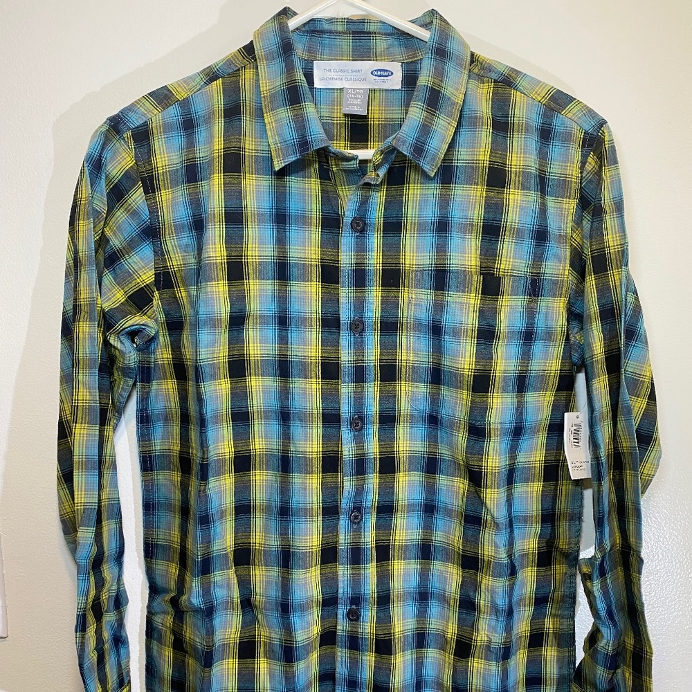 New Boys Old Navy Plaid Button Down Shirt- Blue/Green- Size XL-  NWT!